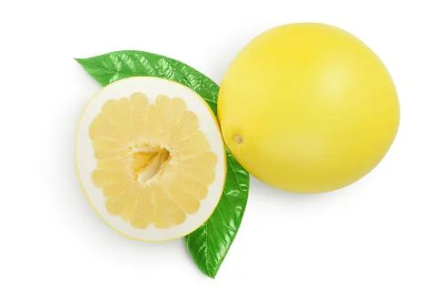 Pomelo with slice and leaf isolated on white background with clipping path and Stock Photos