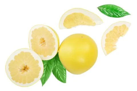 Pomelo with slice and leaf isolated on white background with clipping path and Stock Photos