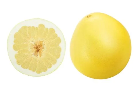 Pomelo with slice isolated on white background. Top view. Flat lay. Stock Photos