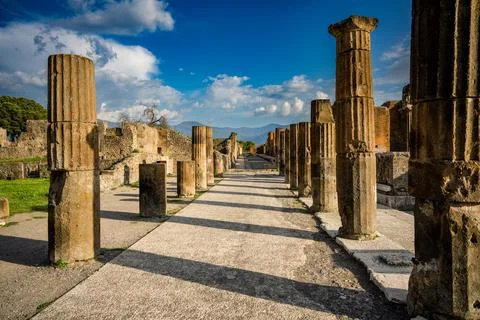 Pompeii's Spring Post-Rain with pillars and road Stock Photos