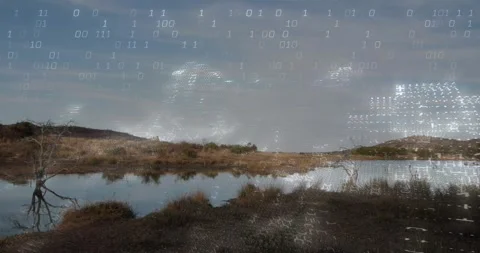 Pond and marsh displaying binary grid emerging from sky, expanding and Stock Footage 330935641