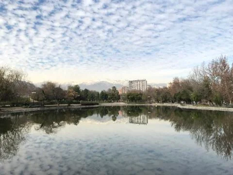 Pond and reflection of clouds at a park in Santiago, Chile Fotos Stock