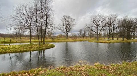 A pond and tree crowns without foliage in an autumn landscape, small islands Stock Photos