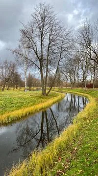 A pond and tree crowns without foliage in an autumn landscape, small islands Stock Photos