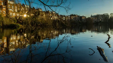 Pond and trees scene at Hampstead Heath in London Stock Footage 45575396