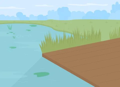 Pond with dock flat color vector illustration Illustrazione stock