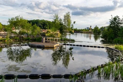 Pond with Floating Dock and Surrounding Vegetation at Center Parcs Villages.. Stock Photos