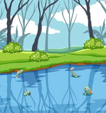 Pond in the Forest Square Scene Vector Stock Illustration