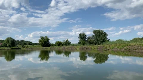 Pond with gentle ripples, sky reflection, grass and trees on the shore Stock Footage 314191806