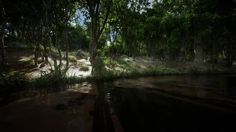 Pond in mossy green forest 스톡 일러스트