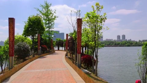 Pond Pan Spring China Lake Path Sunny Blue Sky Day Video stock 75066285