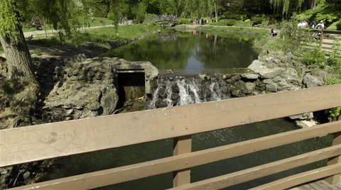 A pond running bellow a bridge at park. 4K UHD. Stock Footage 50146935