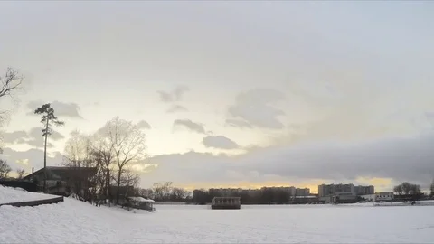 Pond In a Winter Evening Timelapse Stockbeeldmateriaal 82052358