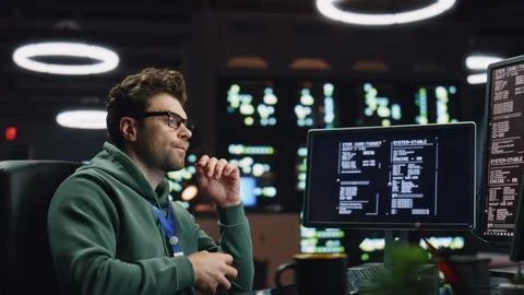 Pondering software developer working computer at server room closeup. IT worker 스톡 사진