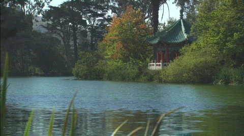 PondWithOrientalGazebo Stock Footage 401284
