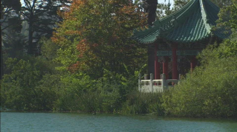 PondWithOrientalGazebo MS Stock Footage 401291
