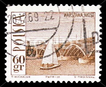 Poniatowski Bridge, Warsaw, and sailboat, Tourist attractions serie, circa 19 Stock Photos