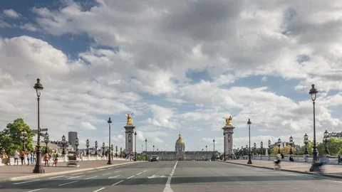 Pont Alexandre III and Les Invalides complex in the background, Paris, France Stock Footage 86544869