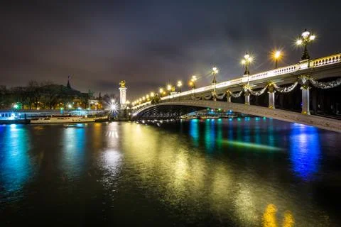 Pont Alexandre III and the Seine at night, in Paris, France. Stock Photos