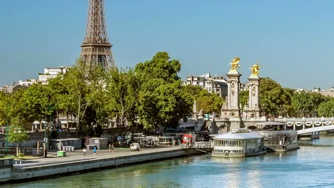 Pont Alexandre III arch bridge and the Eiffel tower in Paris Stock Footage 87477705