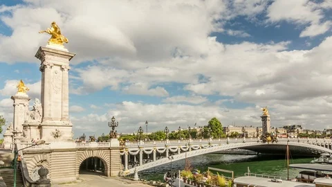 The Pont Alexandre III arch bridge over the river Seine in Paris. Panning shot Stock Footage 87534649