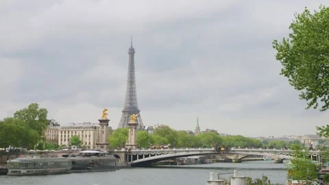 Pont Alexandre III bridge over the Seine River and the House of Invalides. Stock Footage 310183065