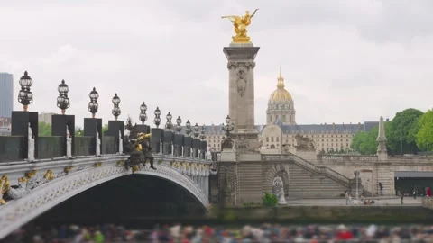 Pont Alexandre III bridge over the Seine River, large double-deck cruise ferry. Stock-Footage 310833502