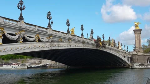 Pont Alexandre III Bridge over Seine River with Ornate Details in Paris Stock Footage 333009463