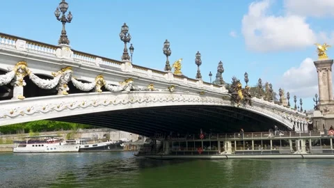 Pont Alexandre III Close View with Ornate Lamps and Seine River Boats in Paris Stock Footage 333009412