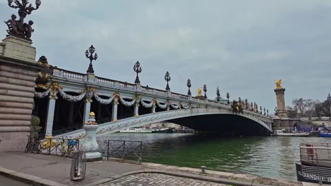 Pont Alexandre III over Seine river, iconic Parisian bridge architecture, France Stock Footage 306371950