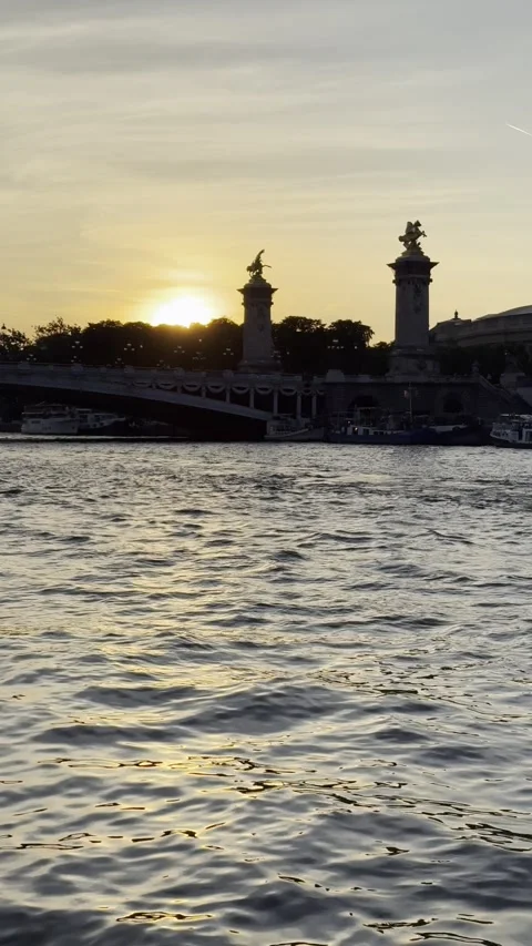 Pont Alexandre III over Seine at sunset with tourist boats in Paris Stock Footage 337196889