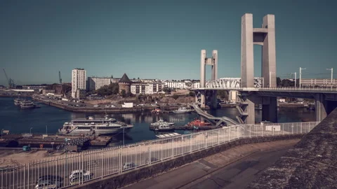 The Pont de Recouvrance, a vertical-lift bridge in Brest, France - Timelapse Stock Footage