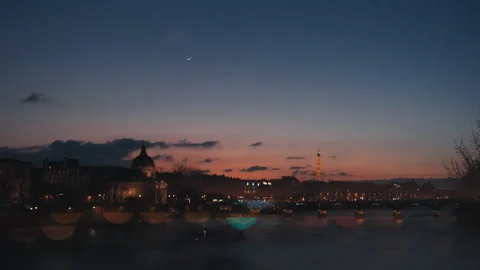Pont Neuf View of Eiffel Tower and Seine at Sunset with Prizma Lens Paris Stock Footage 305081769