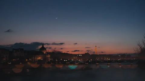 Pont Neuf View of Eiffel Tower and Seine at Sunset with Prizma Lens Paris Stock Footage 305081934