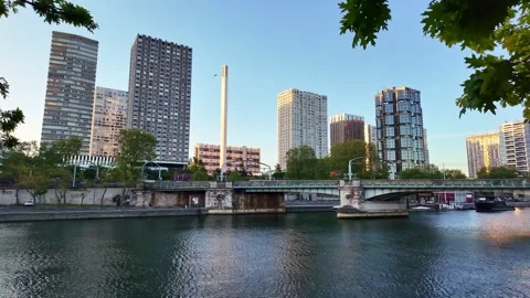 Pont Rouelle bridge and modern skyscrapers at sunrise in Paris, France Video stock 336251410