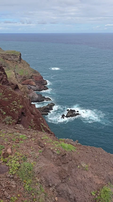 Ponta de São Lourenço cliffs plunging into the Atlantic.  Stock Footage 310025568