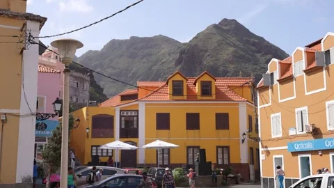 Ponta do Sol, Santo Antao Island, Cape Verde. Colorful Town Buildings, Cars and Stockbeeldmateriaal 341320796