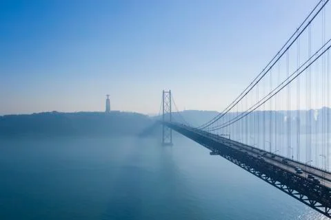 Ponte 25 de Abril, Bridge, Lisbon, Drone, Fog Stock Photos