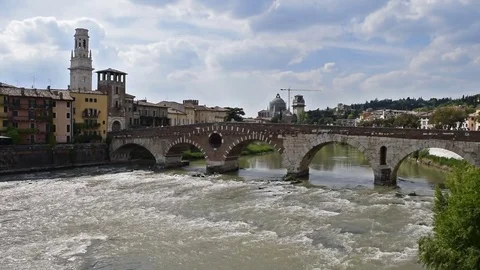 Ponte Pietra over Adige River in Verona, Italy Stock Footage 83990053