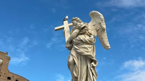 Ponte Sant Angelo bridge in Rome with iconic angel sculptures and view of Castel Stock Footage 322070174