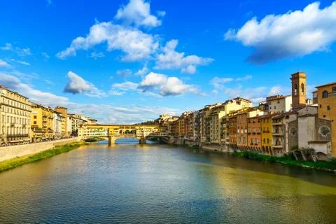 Ponte vecchio landmark on sunset, old bridge, arno river in florence. tuscany Stock Photos