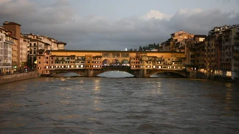 The Ponte vecchio is a medieval  bridge over the Arno River, in Florence, Italy. Stock Footage 122324821
