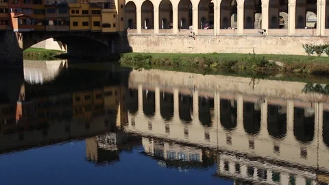 Ponte Vecchio reflected on the Arno river, Florence, Italy. Stock Footage 98155757