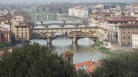 Ponte Vecchio - River Landscape with Bridges in Florence. Stock Footage 330196749