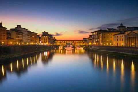 Ponte Vecchio on sunset, old bridge, medieval landmark on Arno river. Florenc Stock Photos