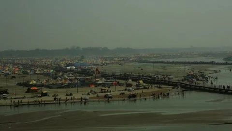 Pontoon flotation bridges at Sangam prayagraj | prayag kumbh mela	 Stock Footage 297349953