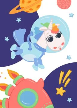 Pony horse astronaut flying in space with stars, planets and rocket. Stock Illustration