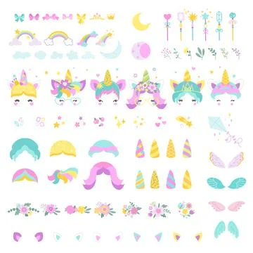 Pony unicorn face constructor, child game or print make bundle. Magic unicorns Stock Illustration