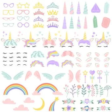 Pony unicorn face elements. Pretty hairstyle, magic horn and little fairy c.. Illustrazione stock