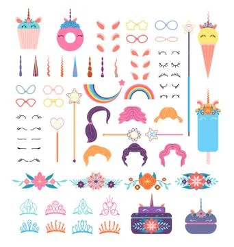 Pony unicorn face elements. Unicorns head with hairstyle, mane and horn. Crowns Stock Illustration
